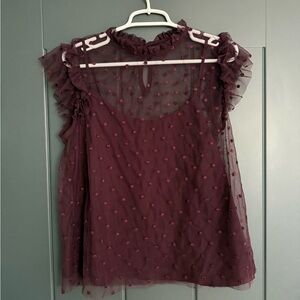Old Navy Burgundy Sheer Polka Dot Blouse